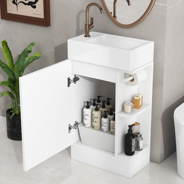Small Bathroom Vanity with Sink, Single Vanity with with Soft-Close Door, Bathroom Storage Cabinet with Two-Tier Open Shelf - White