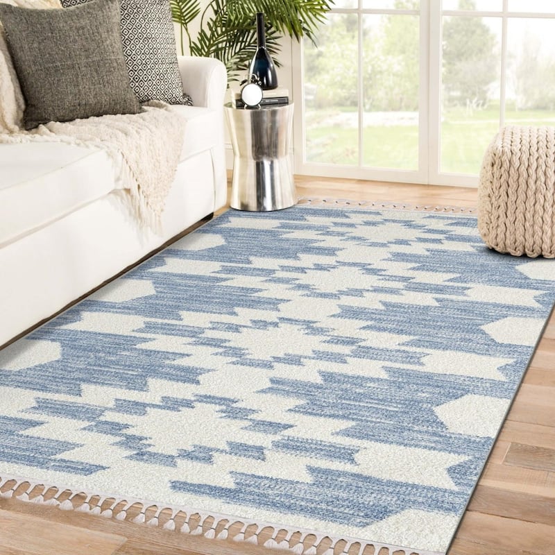 Luxe Weavers Geometric South Western Area Rug, Carpet with Fringe - 5' x 7' - Blue