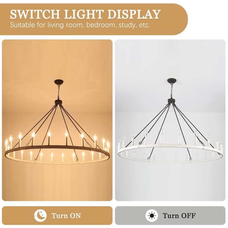 24 - Light 52in. Lagre Dimmable Wagon Wheel Chandelier Farmhouse Round Vintage Candle Style Light - N/A