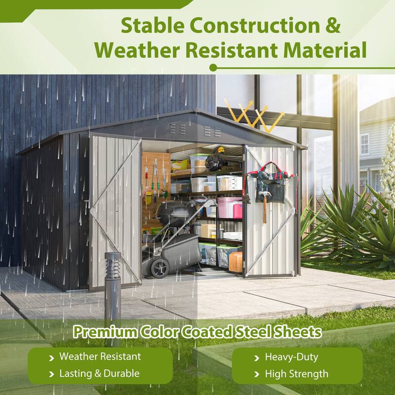 GDFStudio - Genevieve 10X8 FT Outdoor Metal Storage Shed with Lockable Doors for Garden and Backyard Organization - 10X8 FT