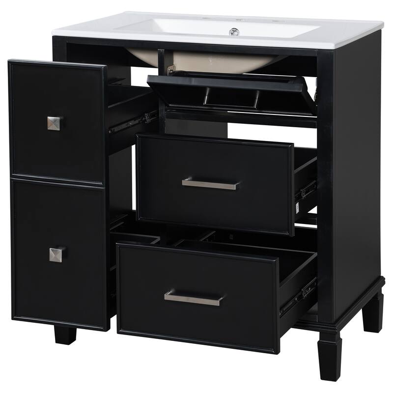 30 " bathroom vanity with ceramic sink with 4 drawers - Black