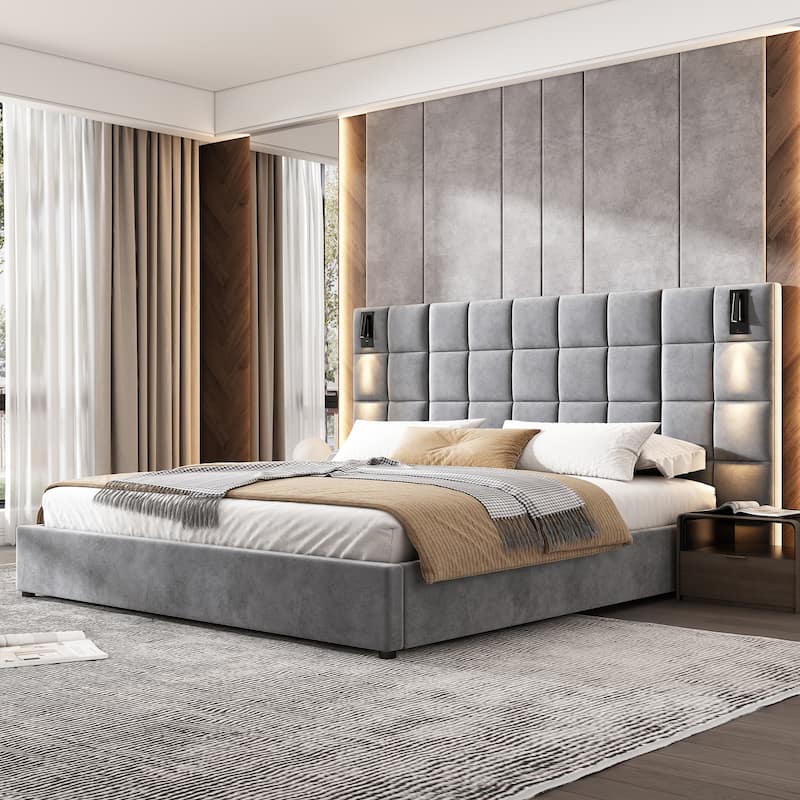 Christopher Knight Home Modern Upholstered Velvet Platform Bedframe & Headboard with Lamps and USB Ports, Grey