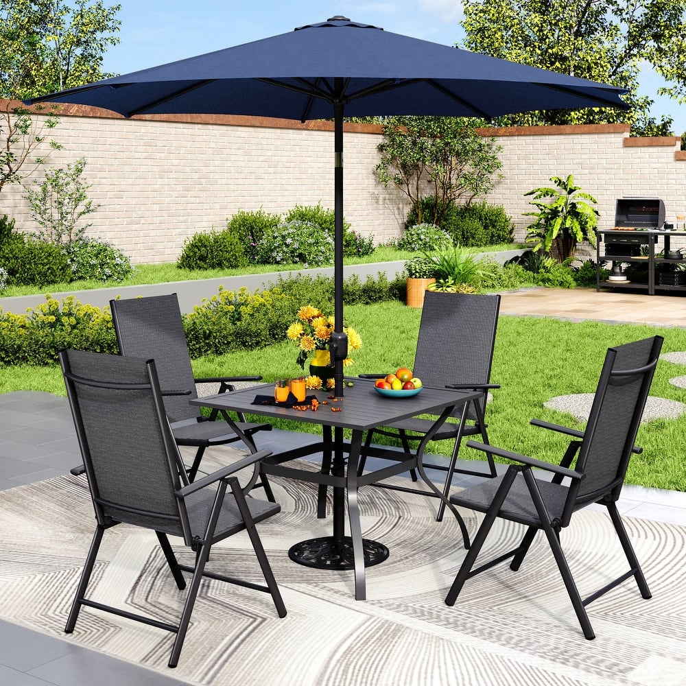 MAISON ARTS Outdoor 6-piece Patio Dining Set, 1 Square Metal table, 4 Adjustable Folding Chairs and 9ft Umbrella
