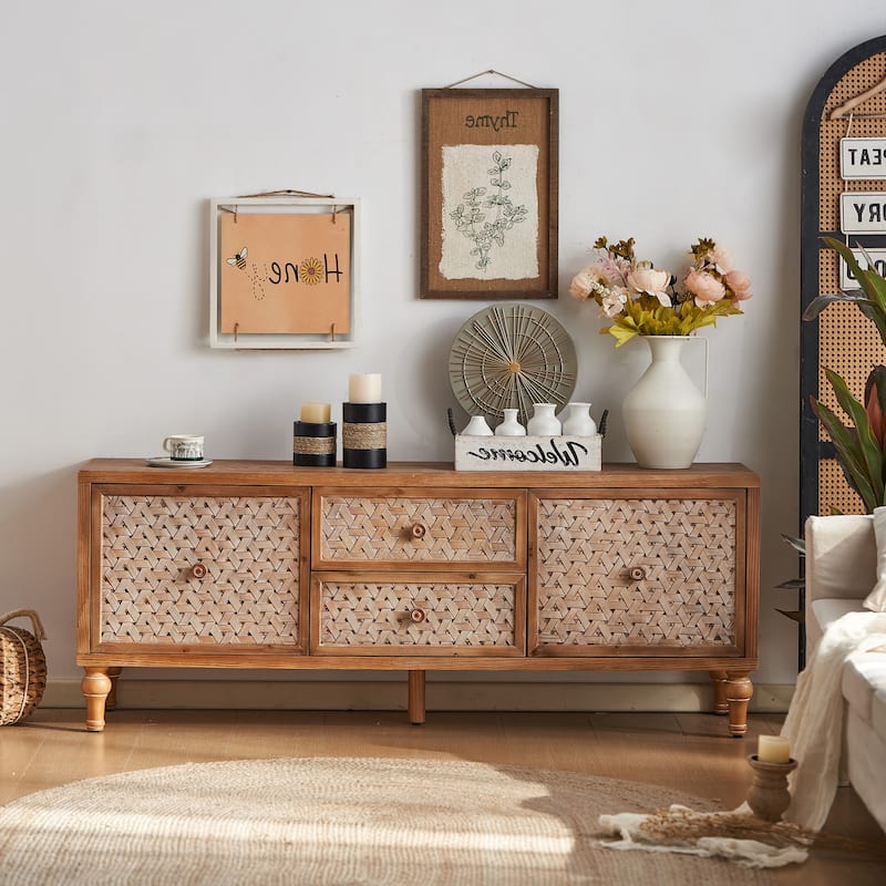 Boho Rattan TV Stand with Drawers, Wooden Media Cabinet TV Console Entertainment Center for TVs 55 60 65 Inches - Brown