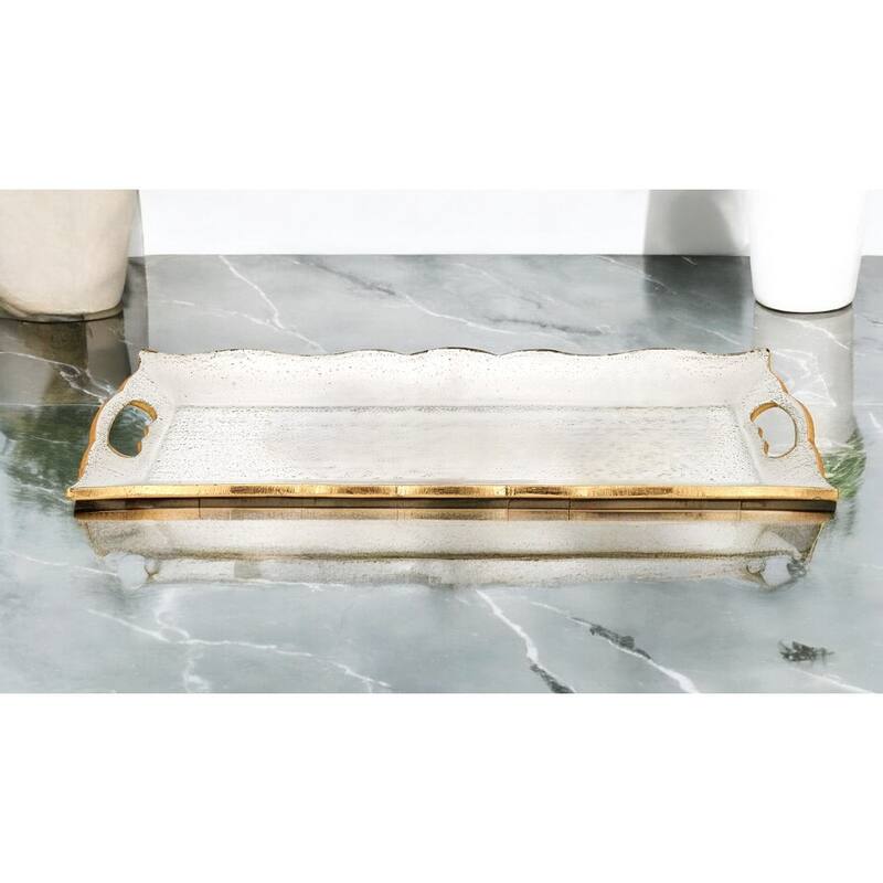 HomeRoots 11" Clear And Gold Seeded Glass Serving Tray With Handles - 7" W x 20" D x 2" H