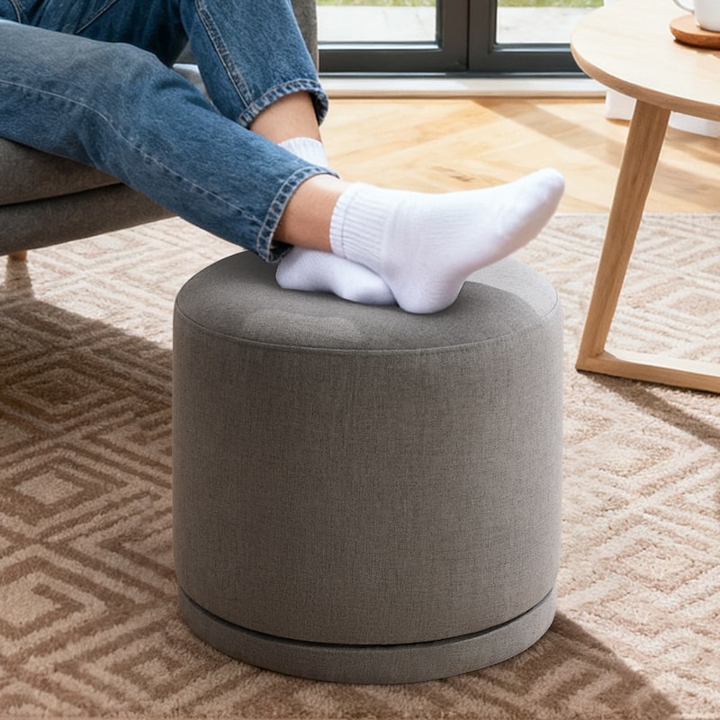 Fully Assembled Linen Round Swivel Ottoman Footstool with Acacia Hardwood Frame - Dark Grey