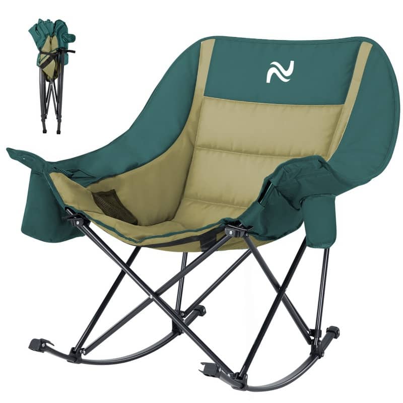 Oversized Rocking Camping Chair for Adults, Cup Holder, Carry Bag - Green