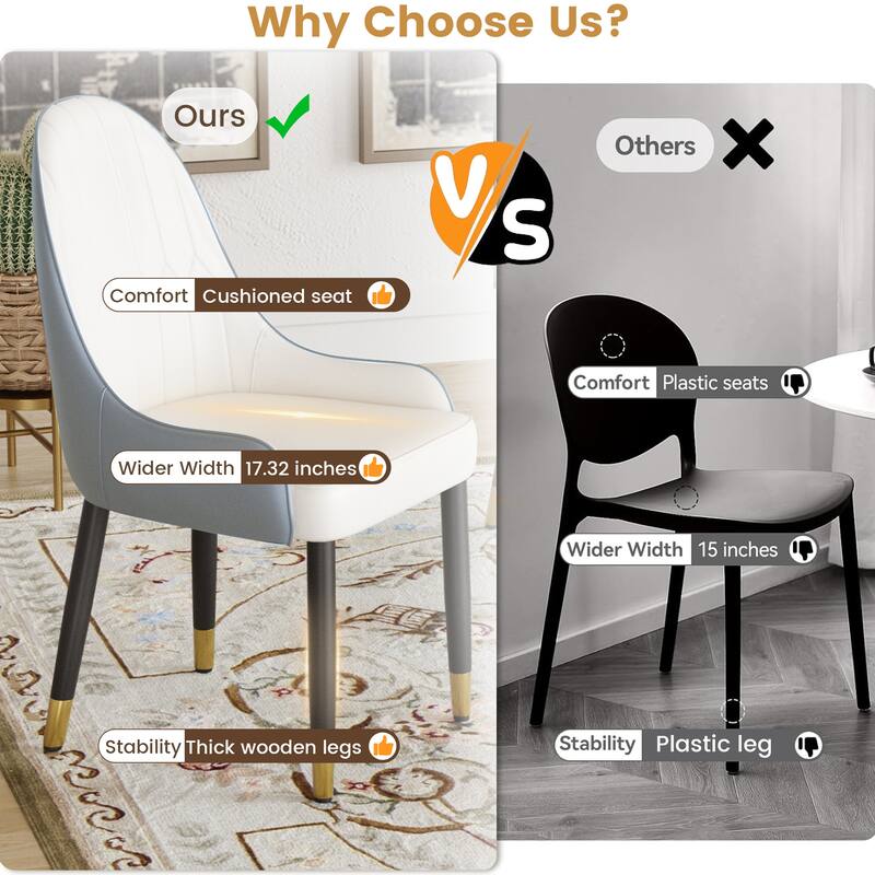 Simple Meeting Room Chair Vanity Chair Set of 2, White Gray Leather Side Chair Dining Chair Office Chair with Metal Legs