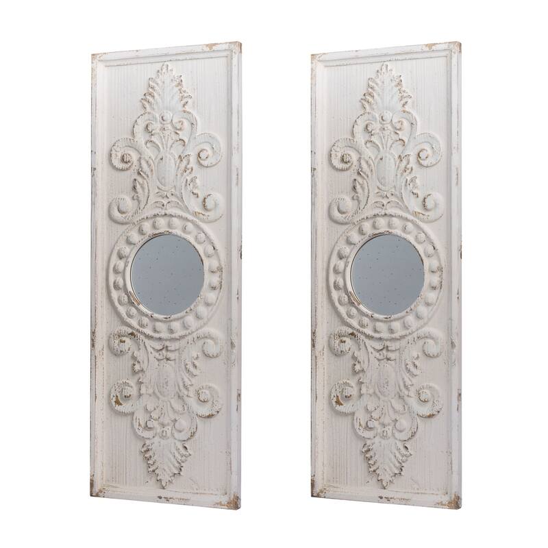 Modern Wooden Wall Art Panels with Round Mirror Accents (Set of 2)