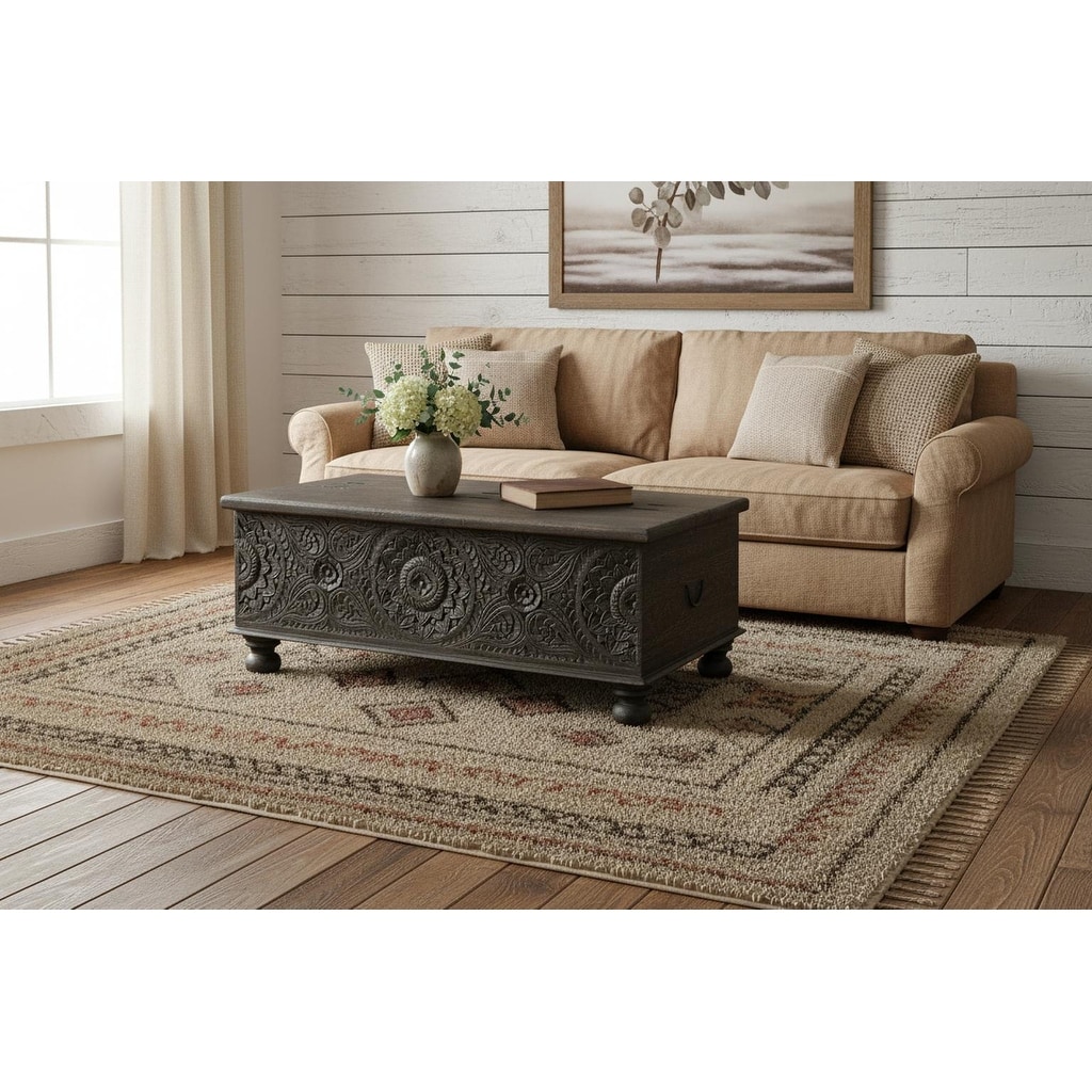 HomeRoots 49" Black Solid Wood Distressed Lift Top Coffee Table - 49.00 in. x 19.00 in. x 30.00 in.