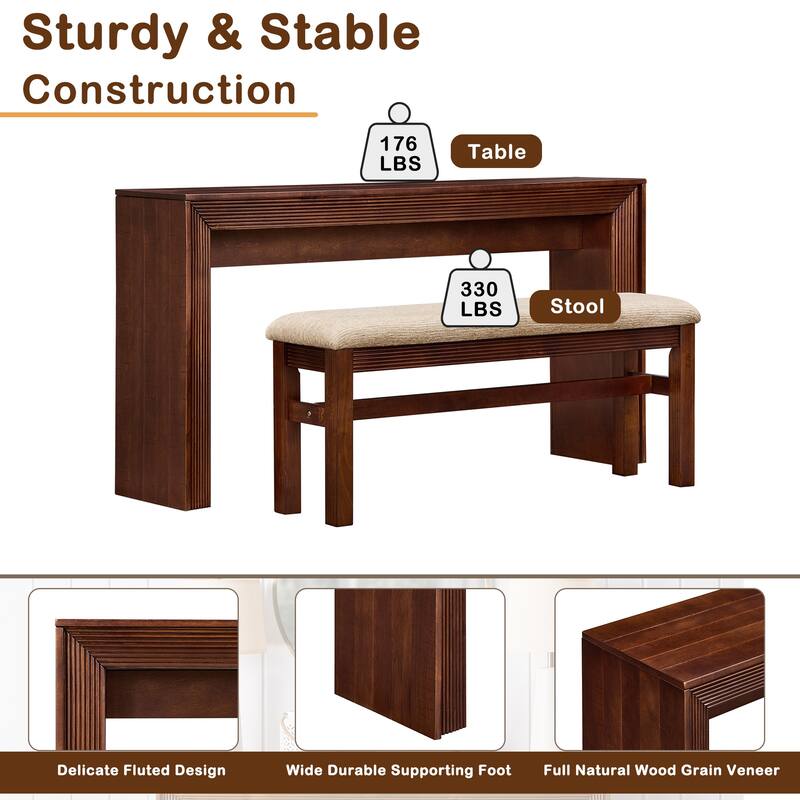 Fluted Counter Height Bar Table Set for 2, Dining Table with Fabric Upholstered Bar Stool with Solid Wood Legs