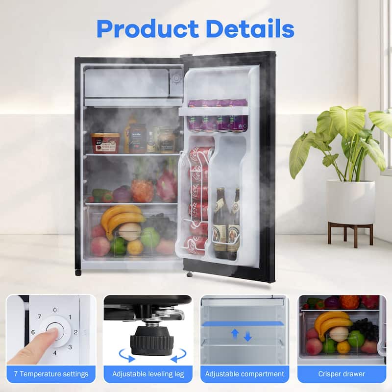 3.2 Cu.Ft Compact Refrigerator with Freezer, Single Door Mini Fridge
