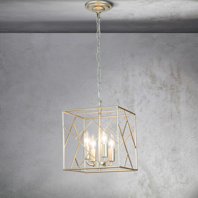 CraftHome W11" Vintage Farmhouse Lantern Cage Chandelier Square Metal Pendant Light in Antique Silver with Candle Style - W:13" - W:13" - Antique Silver