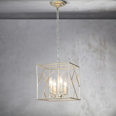CraftHome W11" Vintage Farmhouse Lantern Cage Chandelier Square Metal Pendant Light in Antique Silver with Candle Style - W:13"