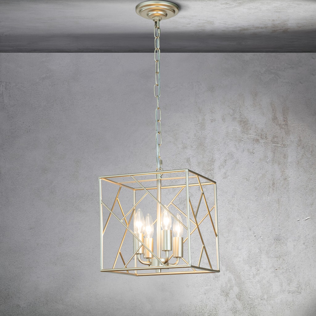 CraftHome W11" Vintage Farmhouse Lantern Cage Chandelier Square Metal Pendant Light in Antique Silver with Candle Style - W:13"