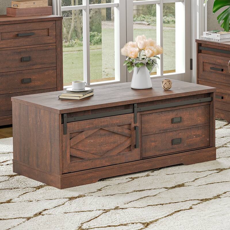 WAMPAT Rustic Coffee Table with Drawer and Storage