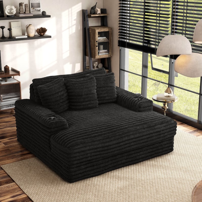 Furniture of America Venden Modern Chenille Padded 2-Seater Chaise Loveseat with USB Charger and Cup Holders - Black