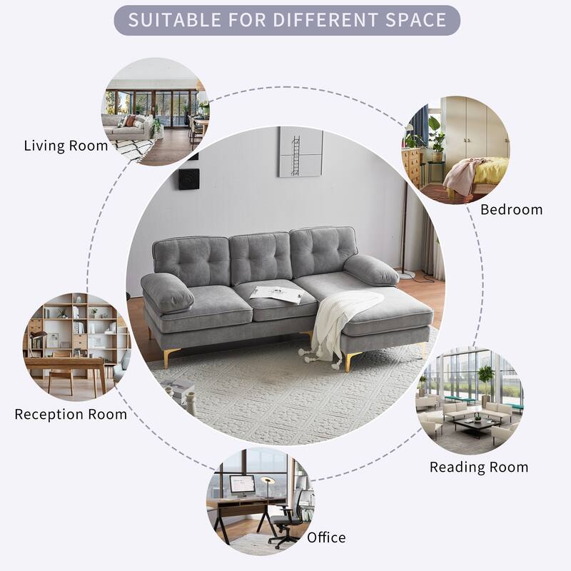 Velvet Sectional Sofas Couches with Pillow Top Arms and Upholstered Backrest, Modern L-Shaped Couches with Metal Legs