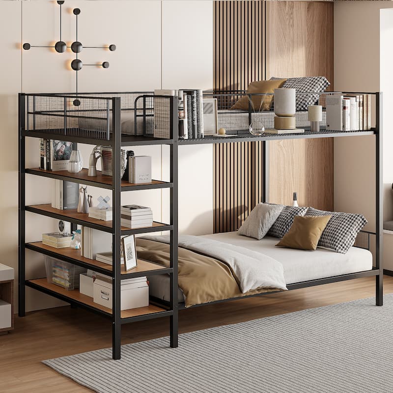 Twin Over Full Metal Bunk Bed with 5-Tier Shelves, 92.7"L x 56"W x 67"H - Black