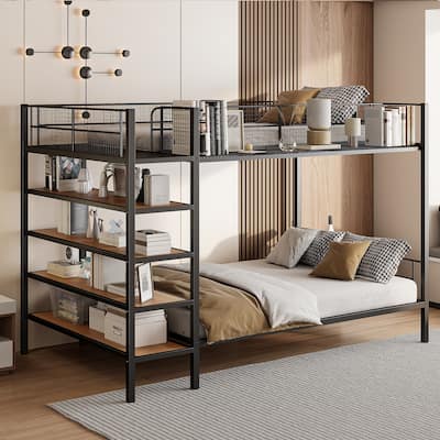 Twin Over Full Metal Bunk Bed with 5-Tier Shelves, 92.7"L x 56"W x 67"H