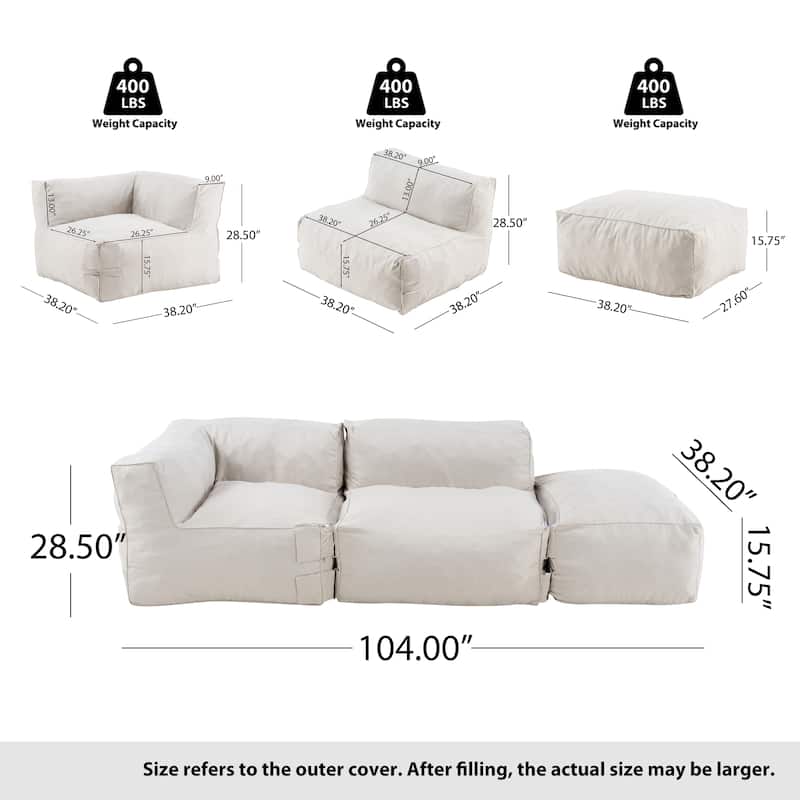 Christopher Knight Home - Nerissa 3-Piece Modular Outdoor/Indoor Bean Bag Sectional Sofa Set with Shredded Foam Filled & Ottoman