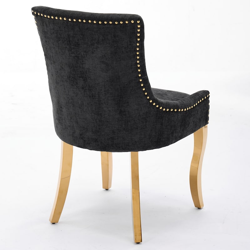 Chenille Dining Chairs, Modern Upholstered Accent Chair with Curved Gold-Plated Legs & Rivet Trim, Plush Fabric, Set of 2