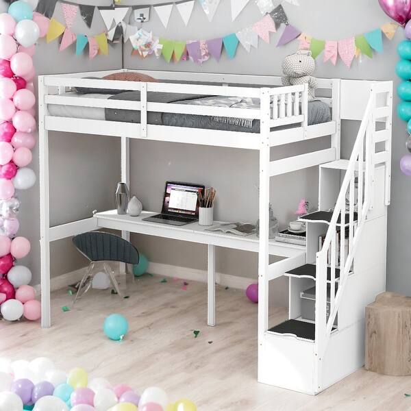 slide 2 of 26, Modern Twin Size Loft Bed With Storage Staircase And Built-in Desk,Space-saving Functionality,For Bedroom White