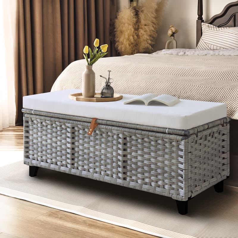 Wicker Storage Bench with Cushion for Bedroom, Living Room, Porch - 18.5'' H X 43.3'' W X 18.5'' D - Grey