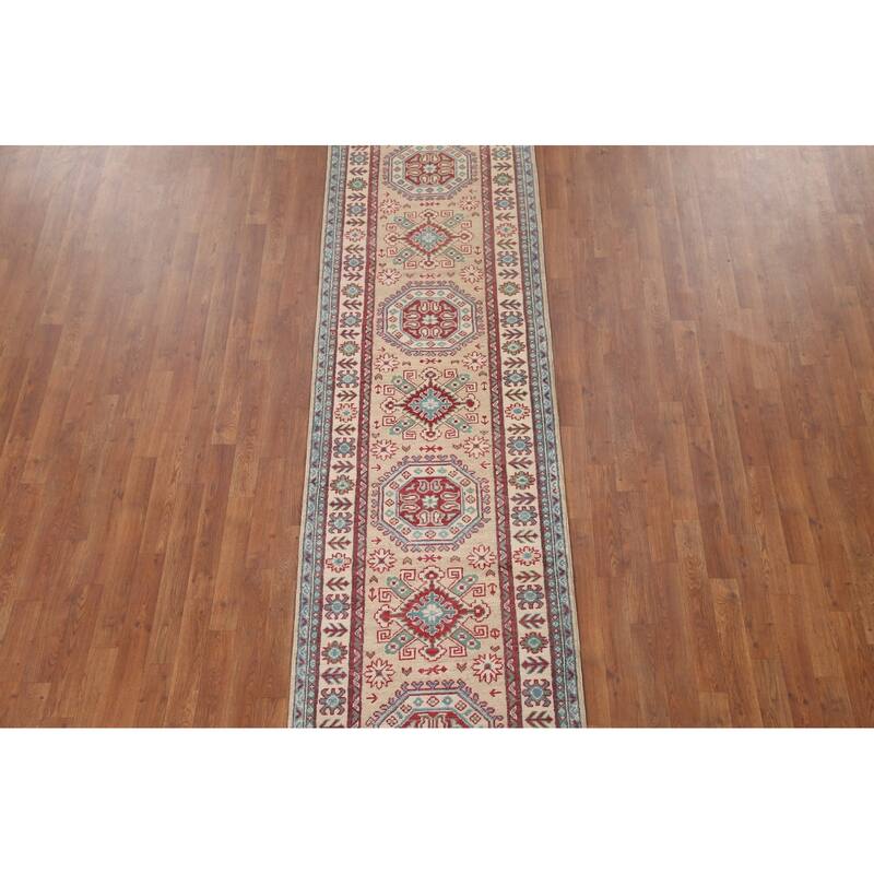 Hand Knotted Oriental 100% Wool Carpet Traditional Geometric Beige & Ivories Kazak Runner Rug - 12' 9'' X 2' 9''