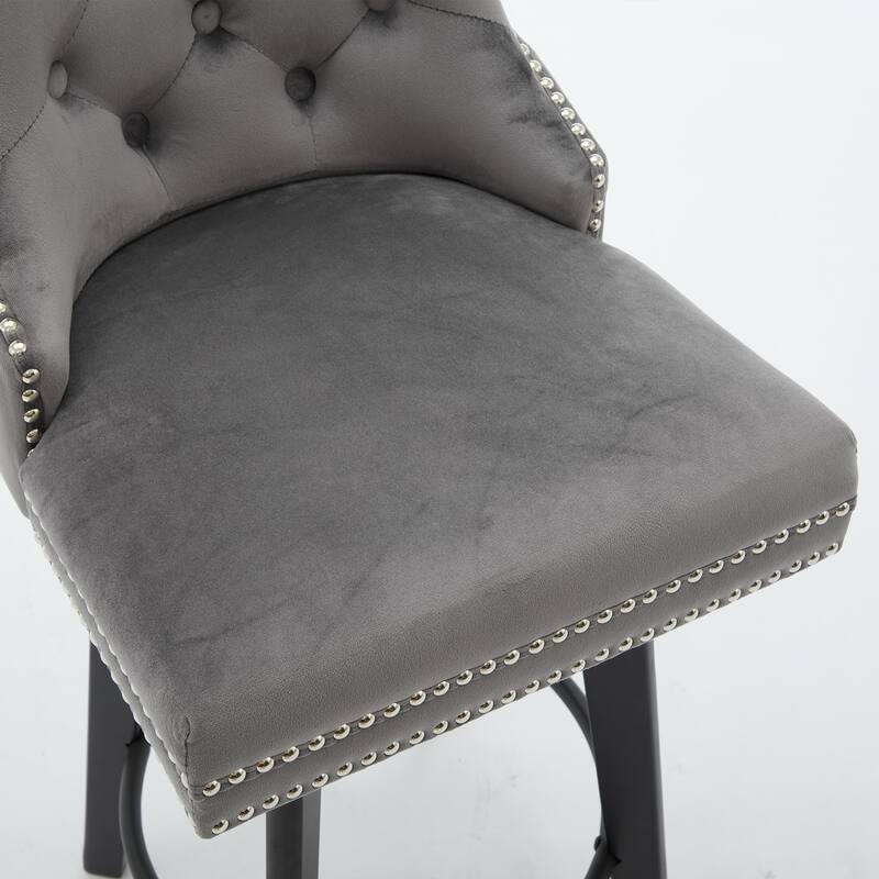 Velvet Swivel Bar Stools Set of 2, Button Tufted Bar Stools with Rivet Trim, Kitchen Stools with Metal Pull Ring & Footrest