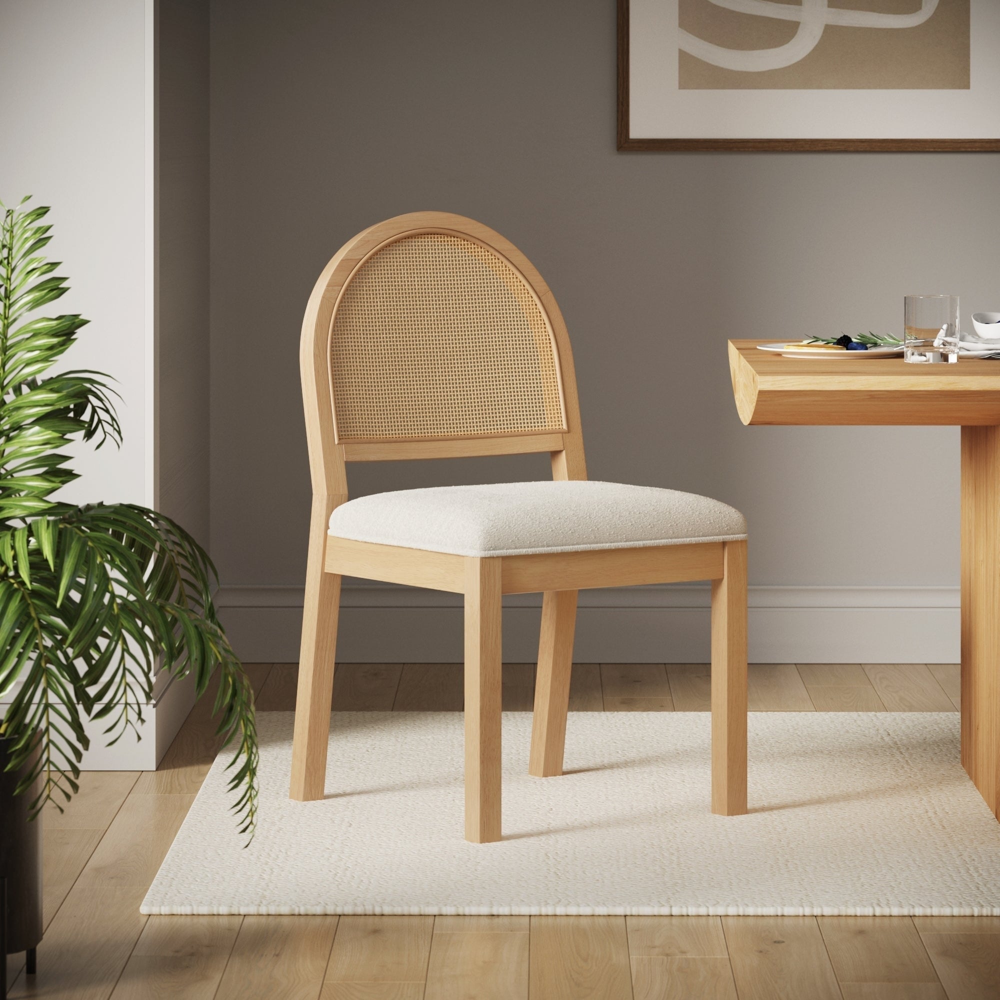 Bailey 19 in. Boucle Dining Chair, Upholstered Side Chair with Natural Woven Rattan Back and Solid Wood Legs