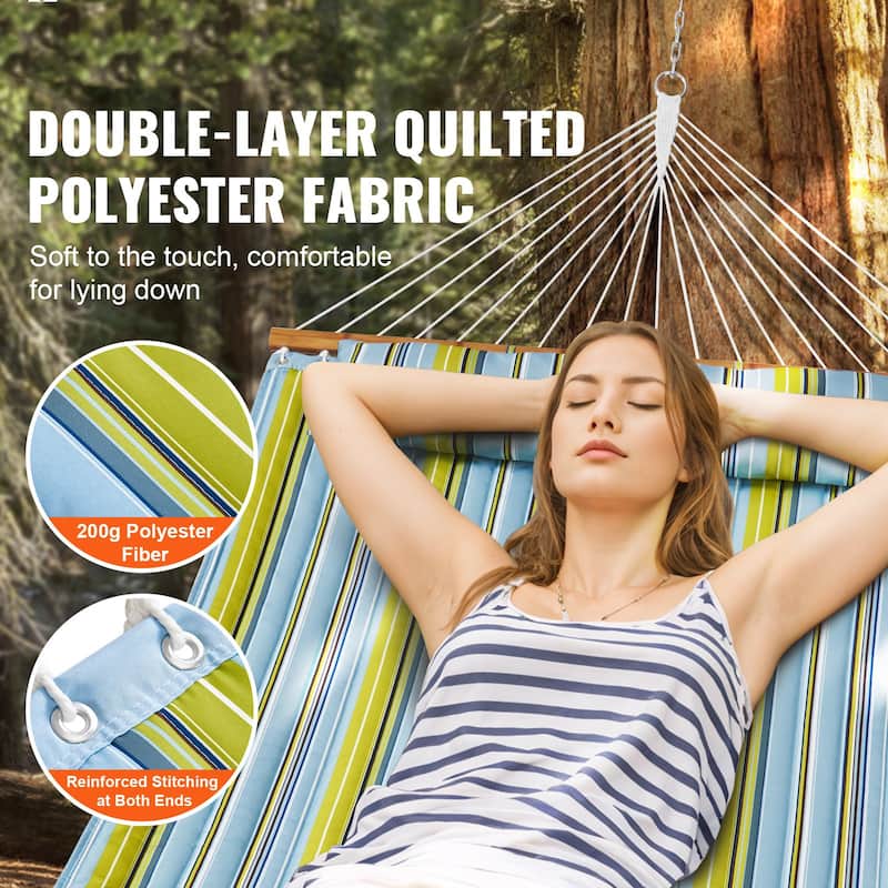 Green Stripe Quilted Cotton Hammock, 2-Person and No Stand - 55.1” L x 74.8” H