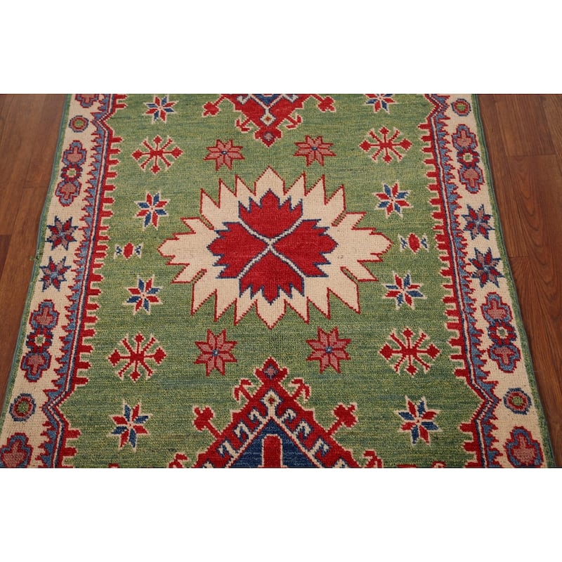 Green Oriental Geometric Kazak Foyer Rug Hand-Knotted Wool Carpet - 2'7" x 4'5"
