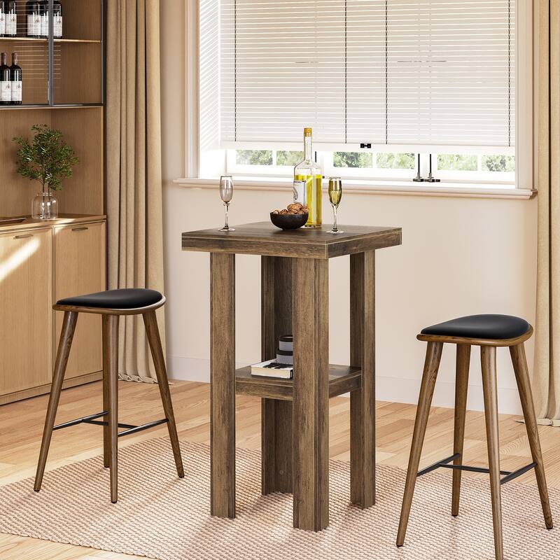 23.6'' Small Bar Table, 2-Tier Square Pub Bistro Table with Storage - Rustic Brown