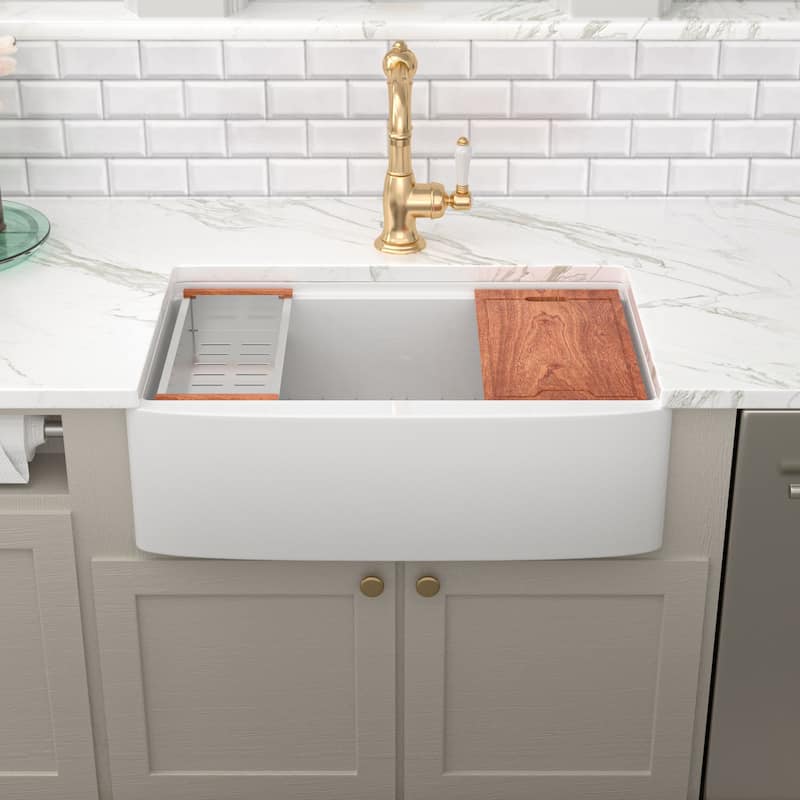 Kichae 33 Inch Ceramic Sink Farmhouse Workstation Apron Front White Kitchen Sink - 33 in.W x 21 in.D x 10 in.H