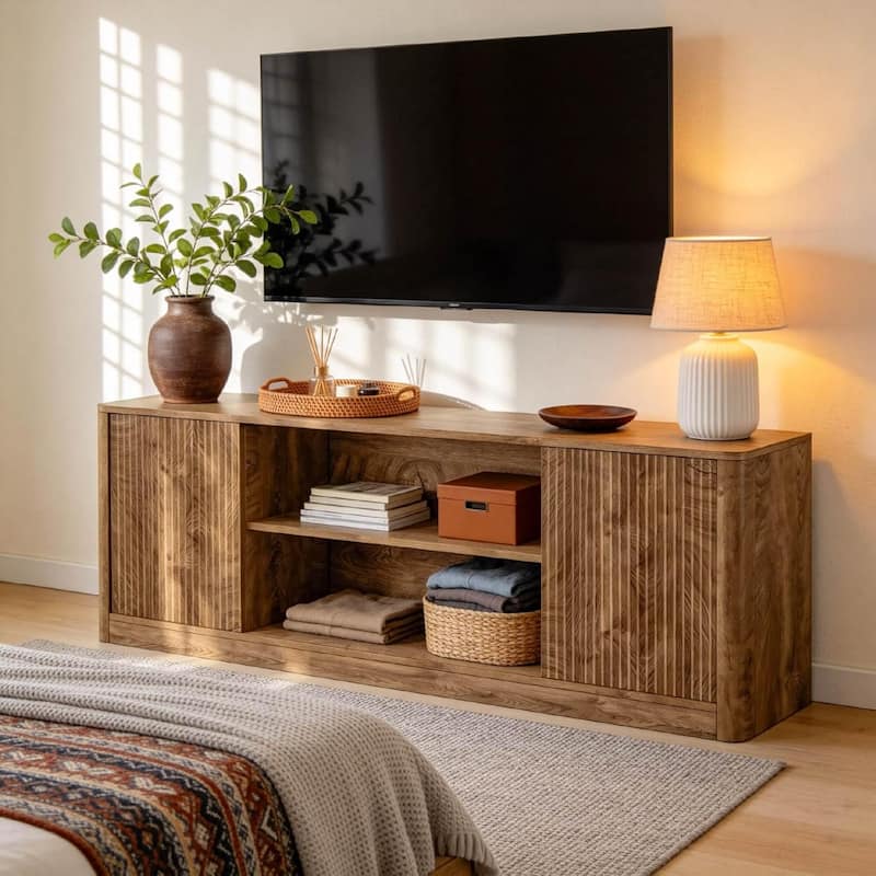 63 TV Stand for TVs Up to 65, Fluted Media Console with Open Storage & Side Cabinets, Wood Floor Standing TV Console Table