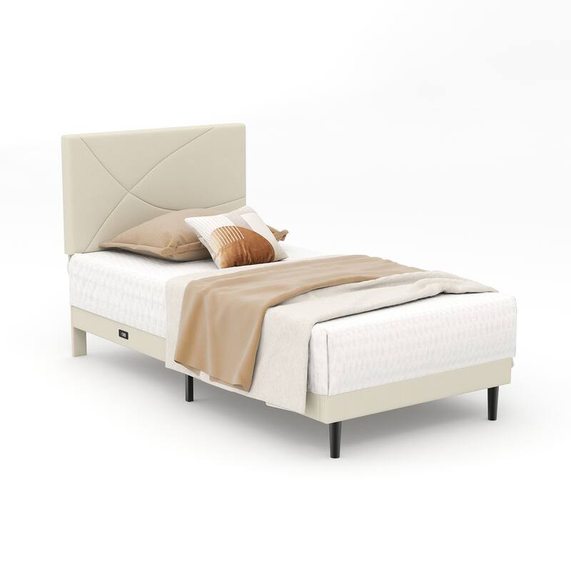 Homy Casa Platform Bed with LED Headboard & Charging Ports - Beige - Twin