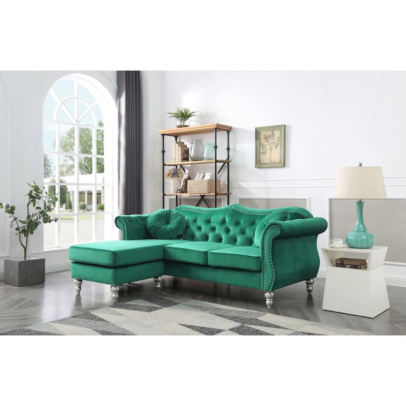 Hollywood 81 in. Velvet Chesterfield Sectional Sofa with 2-Throw Pillow - 81"L x 35"W x 34"H