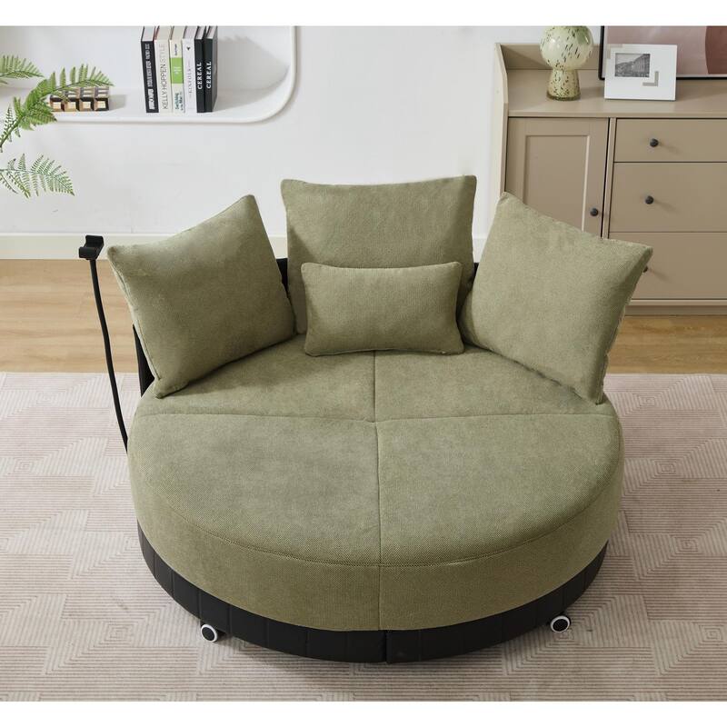 360° Swivel Barrel Chair Round Sofa Chair with Casters and Adjustable Phone Stand, Upholstered in Anti-Wrinkle Polyester Fabric - Green