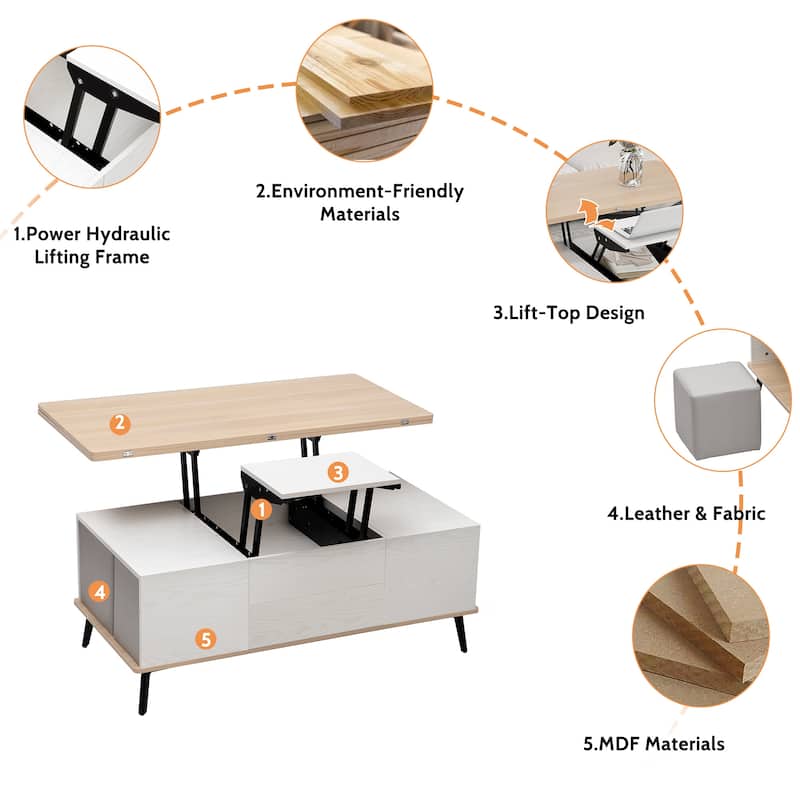 5 Pieces Lift Top Coffee Table Set Convertible Dining Table w/Ottomans