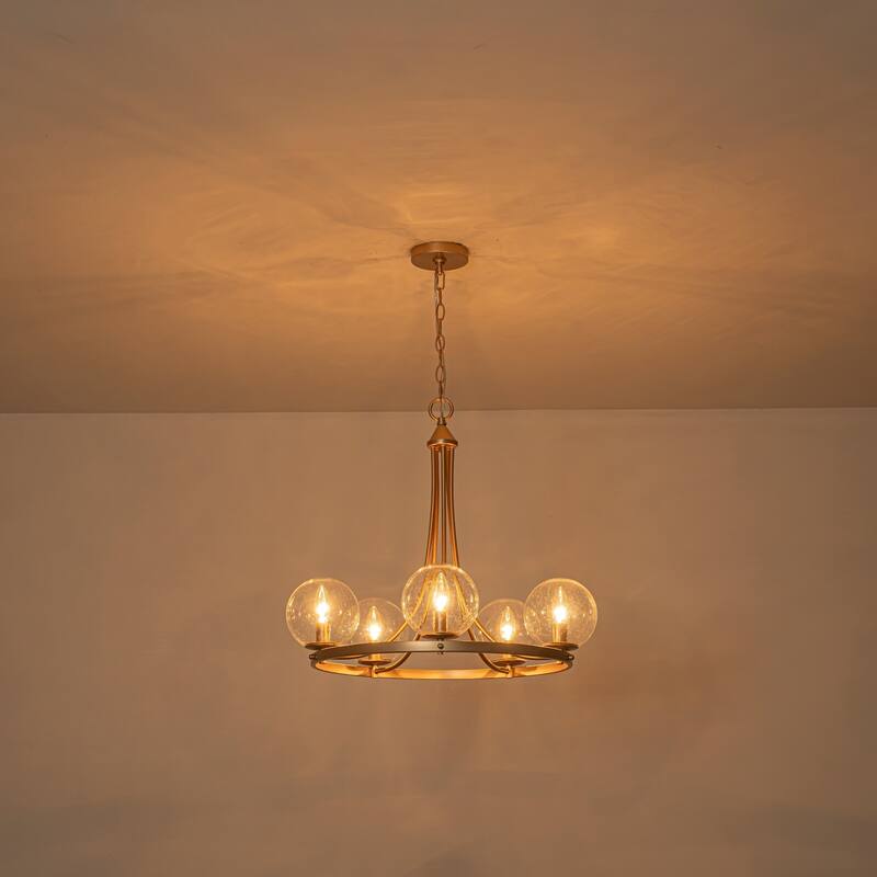 24.4" W 5-Light Mid-Century Modern Gold Wagon Wheel Ring Chandelier with Seeded Glass Globe Shades for Living & Dining Room