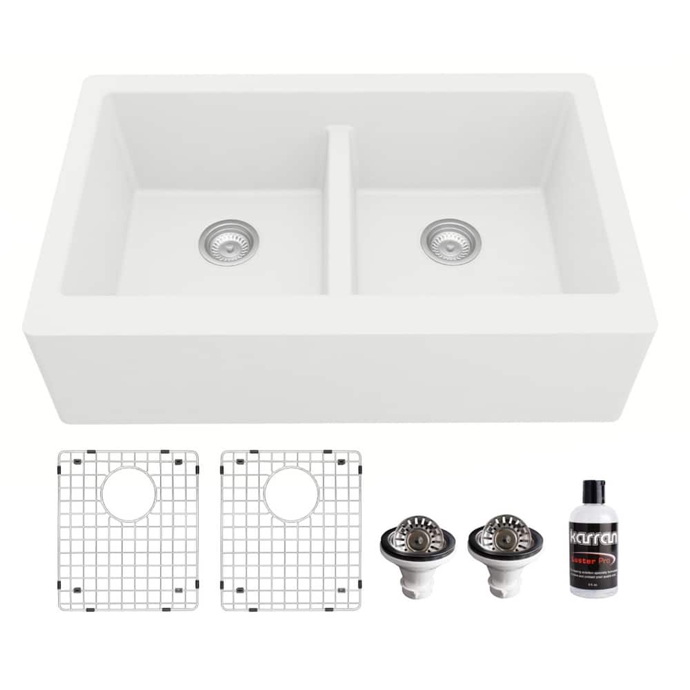 Karran Farmhouse Apron Front Quartz Double Bowl Kitchen Sink Kit