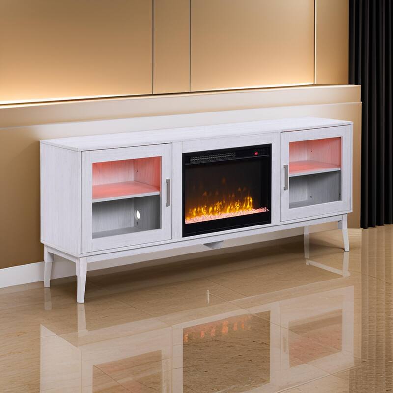 Samy 70 Inch TV Console LED Fireplace Heater, Glass Door, White, Silver