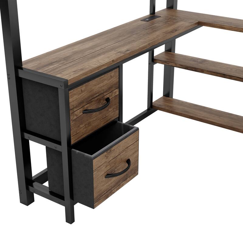 Iron High Loft Bed, LED Loftbed Frame with Desk and Charging Station, Heavy Duty Metal Loft Bed with Shelves and Drawers