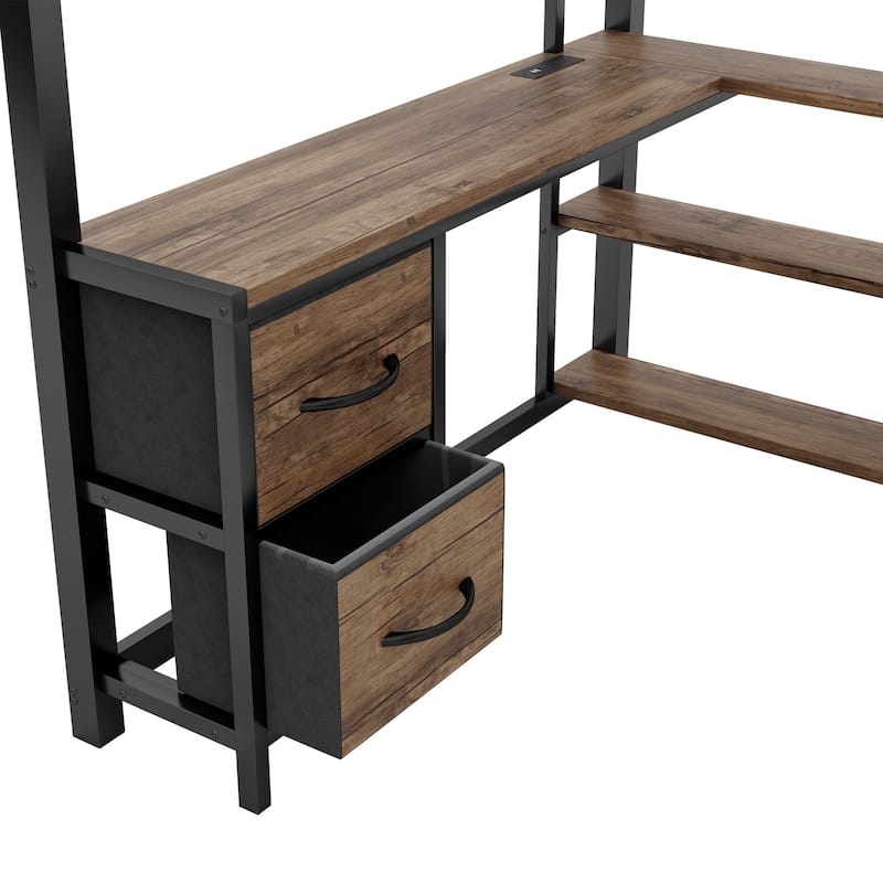 Queen Size Loft Bed with Desk, LED, Storage Shelves, Wardrobe, and Drawers for Space Efficiency