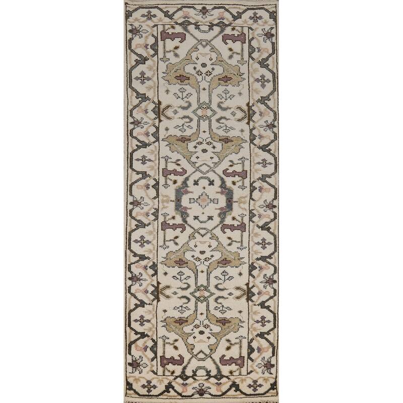 All-Over Ivory Oushak Indian Runner Rug Hand-Knotted Wool Carpet - 2'7"x 8'0"