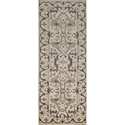 All-Over Ivory Oushak Indian Runner Rug Hand-Knotted Wool Carpet - 2'7"x 8'0"