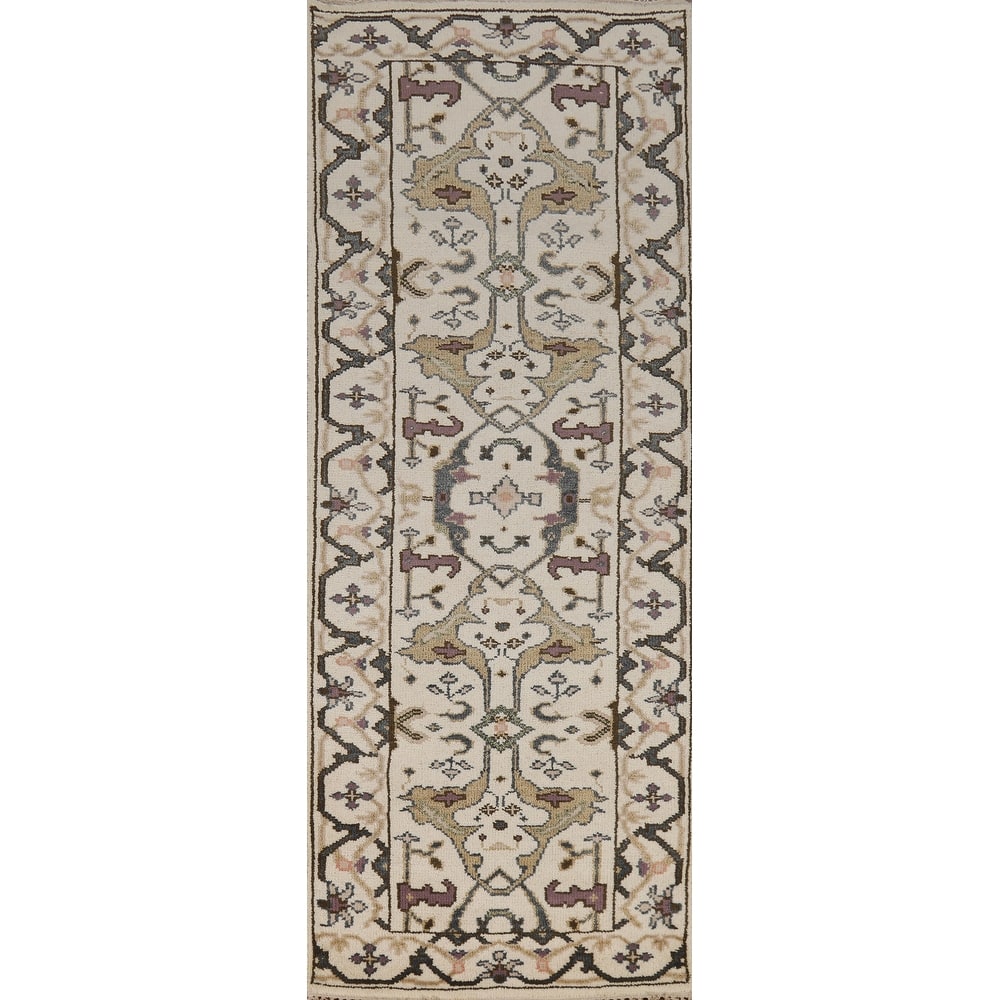 All-Over Ivory Oushak Indian Runner Rug Hand-Knotted Wool Carpet - 2'7"x 8'0"