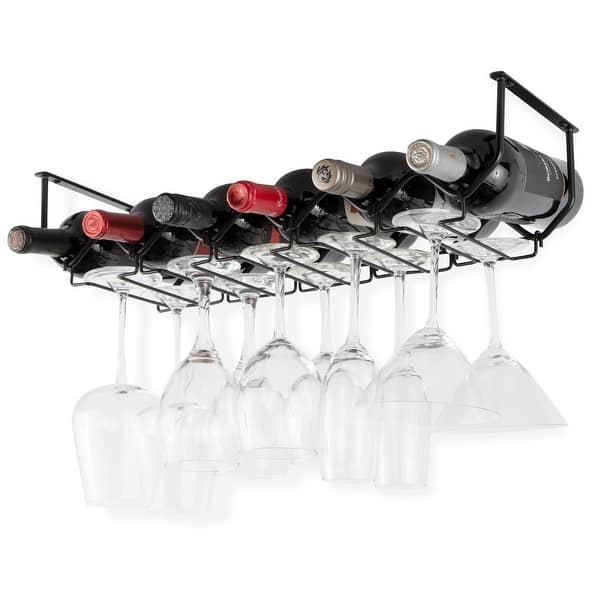 Wallniture Piccola Under-Cabinet Wine Rack & Stemware Holder (6 Bottle) Black Metal Wine Bottle Organizer