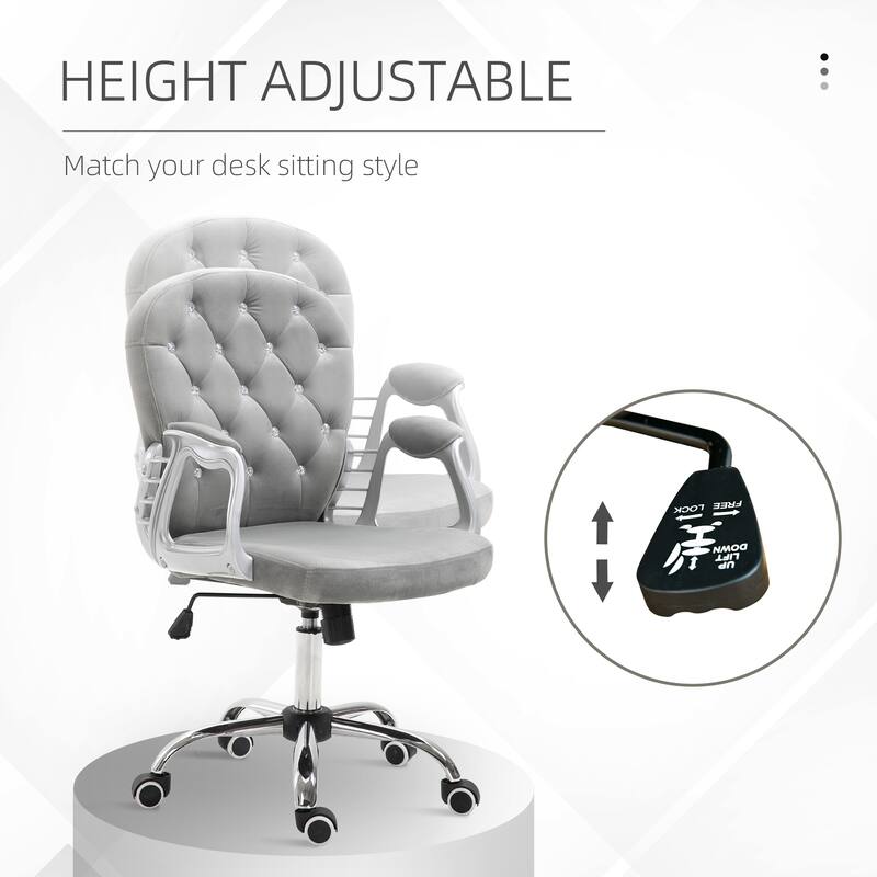 Modern Velvet Office Chair Button Tufted Desk Chair with Curved Backrest, 360° Swivel Seat and Wheels, for Home Office